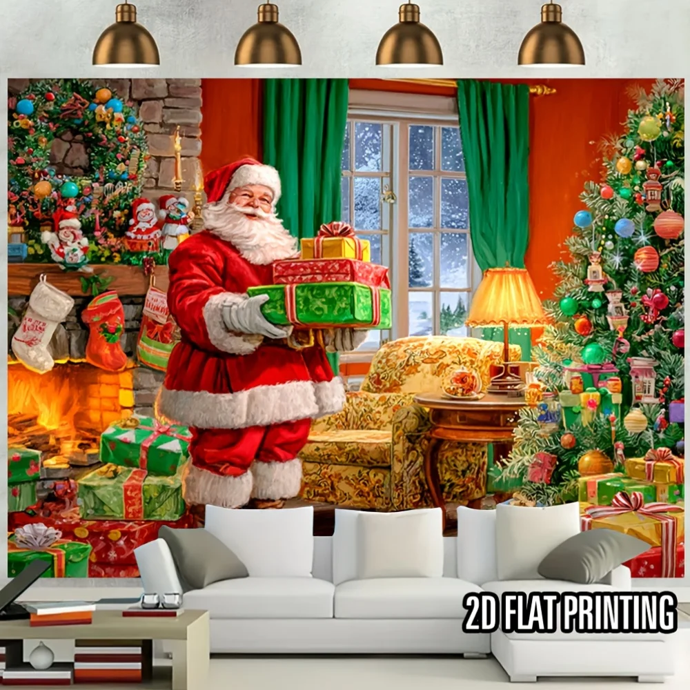 2D Flat, 1pc Santa Claus Counting Gifts Party Banner Tapestry - 2D Flat Peach Light Fabric Indoor/Outdoor Decoration with Tearab