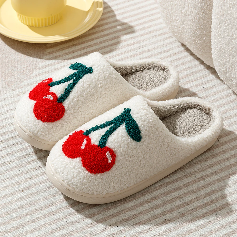 Home Slippers Cute Big Red Cherry Women Winter Warm Indoor Anti Slip Soft Sole Comfortable Cartoon Fruit Plush Shoes Student