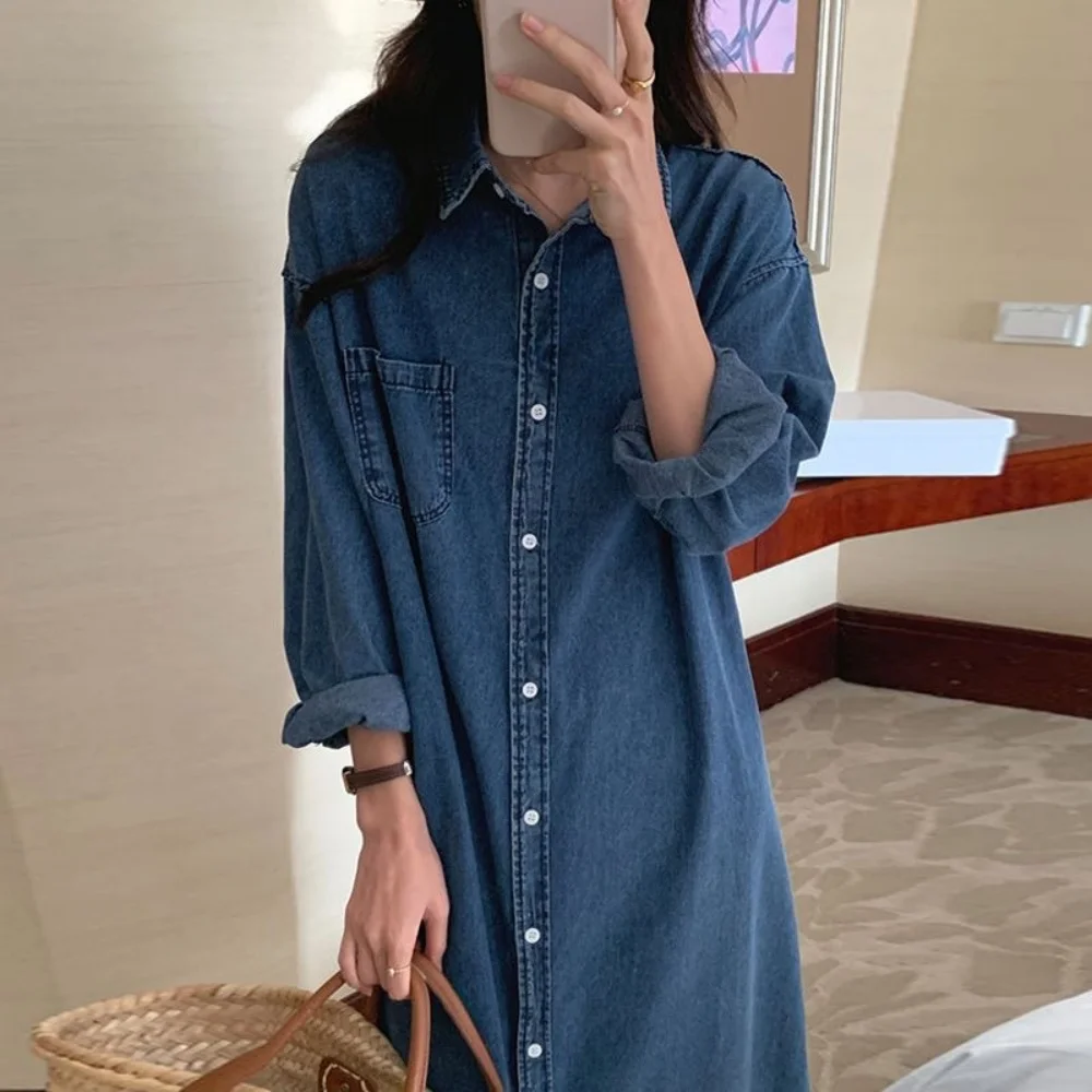 JHJN Spring Summer Women Casual Denim Shirt Dress Loose Long Sleeve Cardigan Dress Korea Ladies Womens Denim Shirt Long Dresses