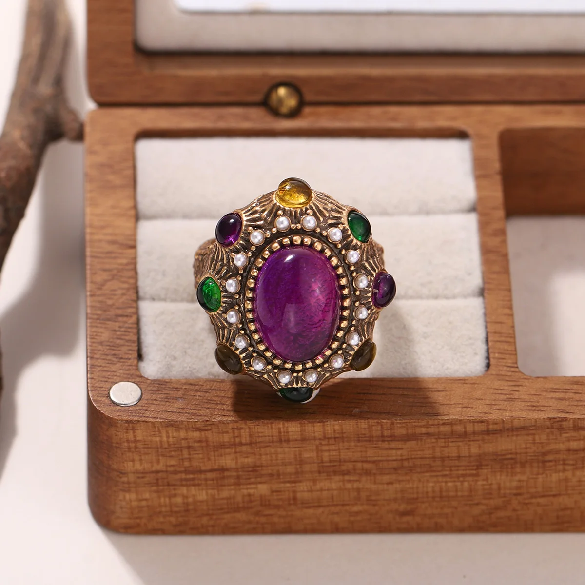 خاتم كريستال أرجواني بيضاوي اللون ذهبي عتيق للنساء خواتم مفتوحة مرصعة باللؤلؤ الباروكي مجوهرات الخطوبة #3