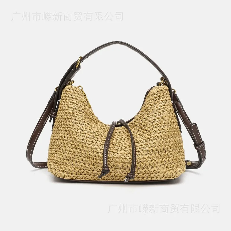 

ALIDI S C Women Summer Woven Shoulder Bag Adjustable Strap Drawstring Decor Underarm Handbag Bohemian Beach Vacation Casual Bag