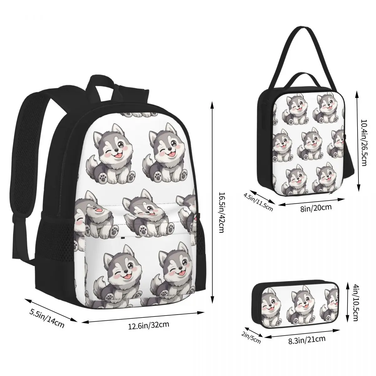 Cute Winking Kawaii Husky Backpacks Students Bookbag School Bags Rucksack Lunch Bag Pen Bag Three-Piece Set