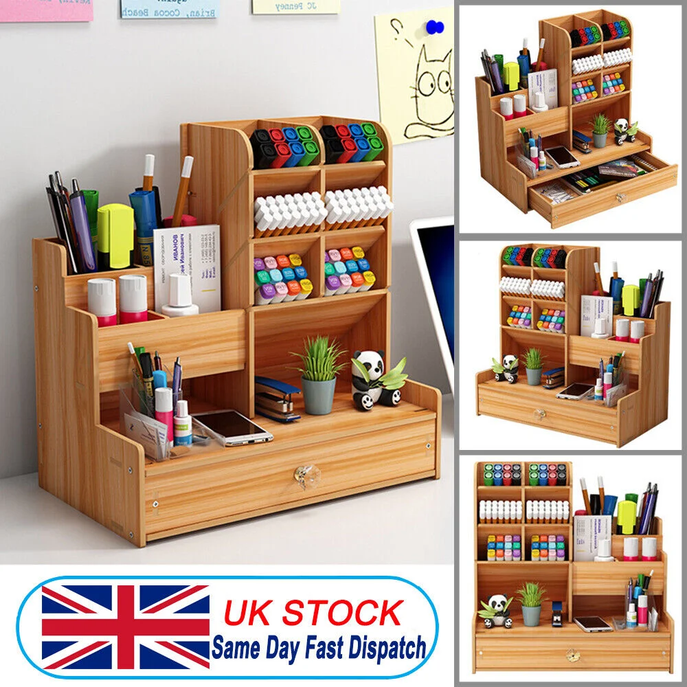 Wooden Pen Holder Storage Rack Office Study Desk Storage Box