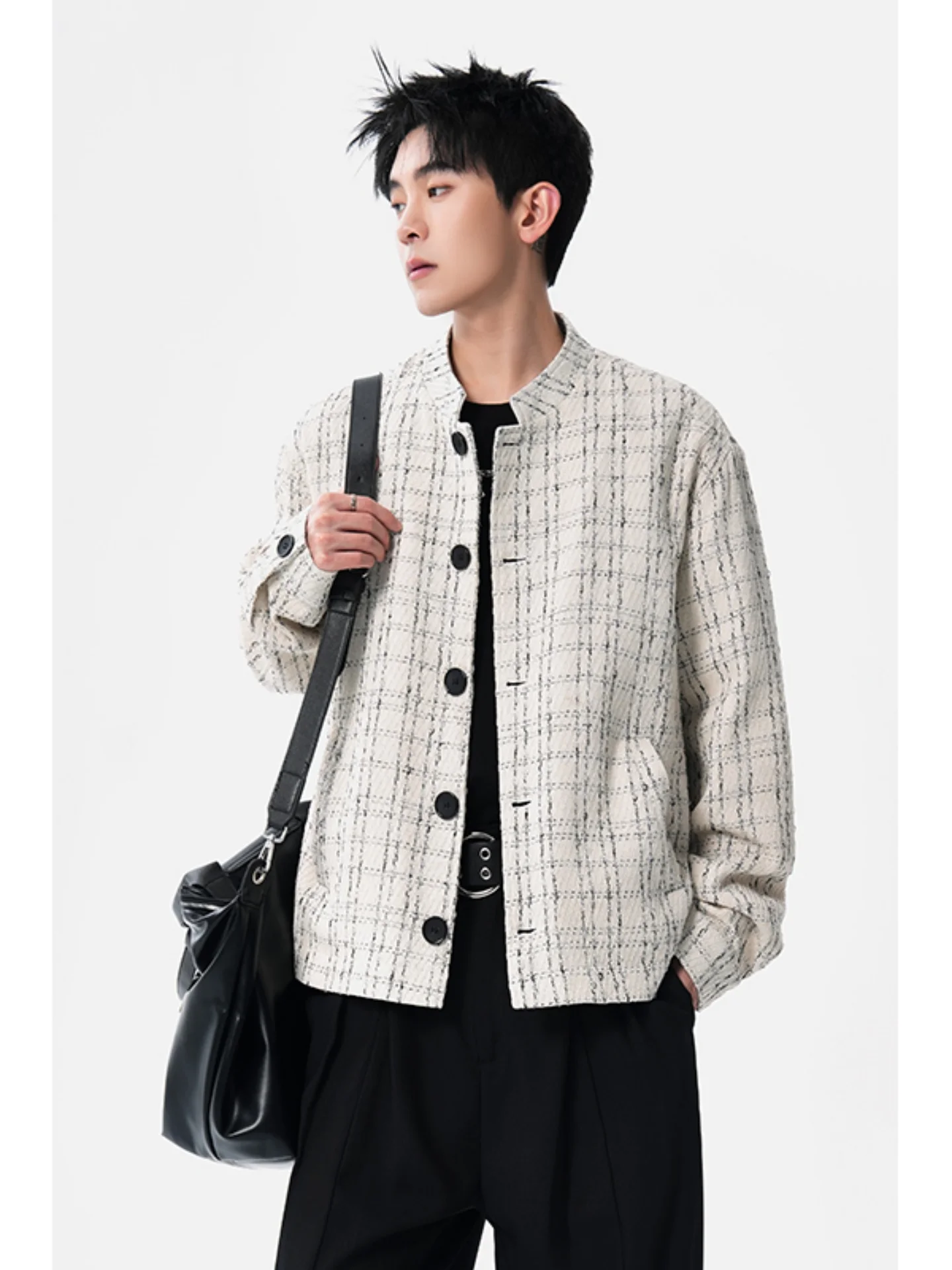 

New Chinese Style Men's Short Plaid Jacket Black White Grids Stand Collar Coat Spring Fashionable Casual Wear Polyester Blend