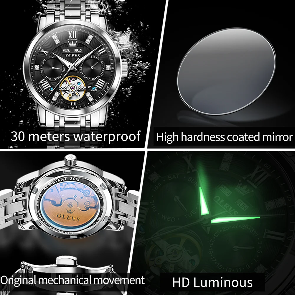 OLEVS 6701 رجل ساعة أوتوماتيكية هيكل عظمي مجوف ساعة ميكانيكية للرجال صلابة عالية مرآة العلامة التجارية الأعلى تاريخ الساعات مقاوم للماء