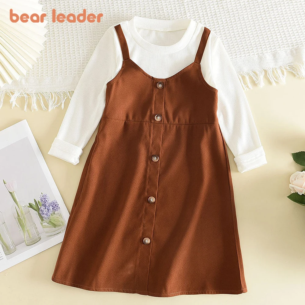 Bear Leader Girl Kids Spring Autumn Dresses 2023 New Fashion Baby Long SLeeve Casual Dress Children Solid Color Costumes