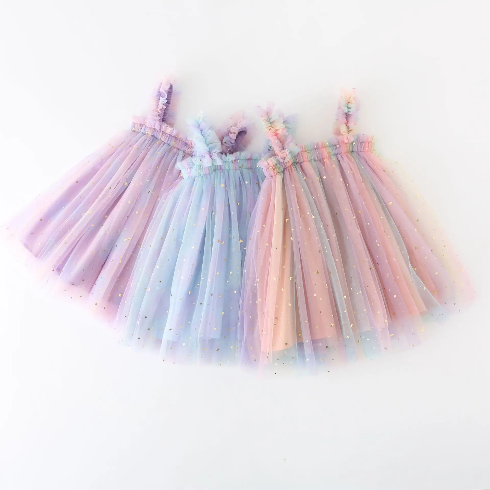 Nuevo vestido para niños con lentejuelas y estrellas, vestido mullido de malla con tirantes de arcoíris, vestido de princesa para fotografía de bebé