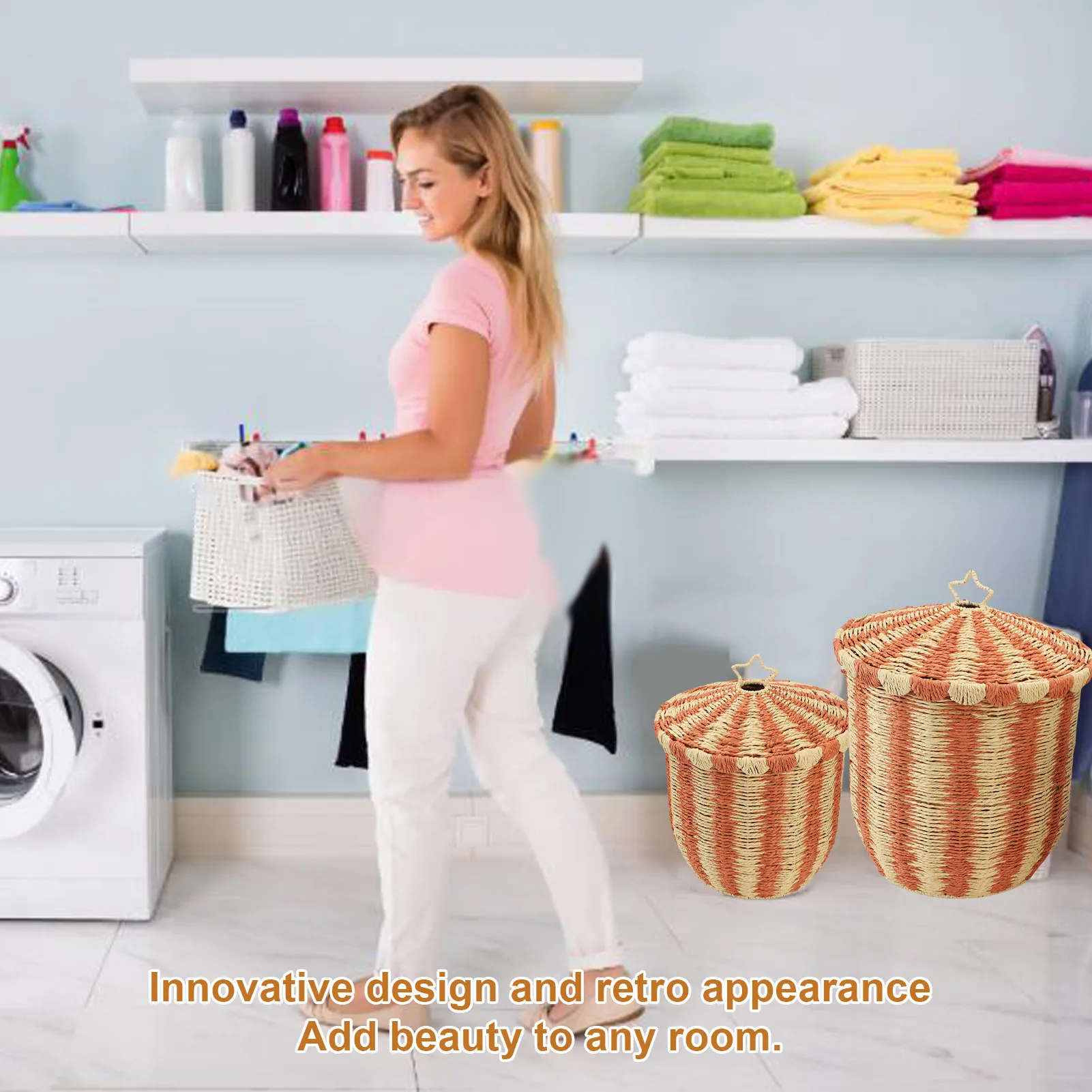 سلة التخزين المنسوجة مع غطاء المنسوجة يدويا عمر طويل سلة أرضية من الخيزران الأحمر خمر تنوعا للملابس بطانية اللعب وجبة خفيفة