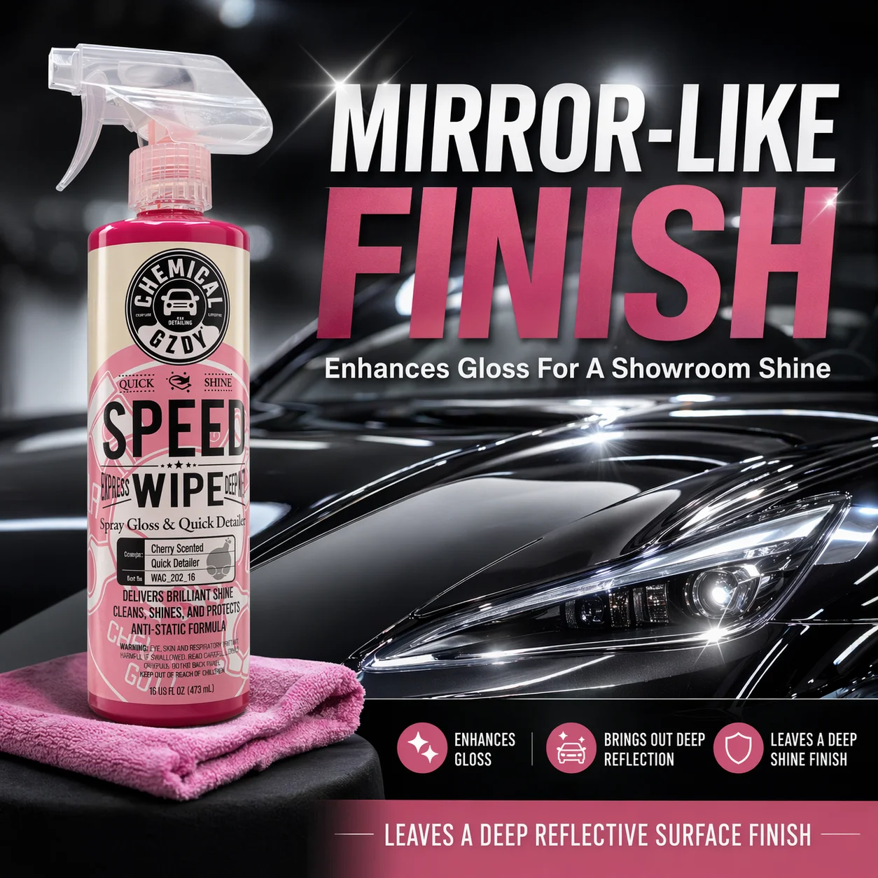 Quick Detailer Liquid 16 oz – Speed Wipe High Gloss, Streak-Free, Anti-Static Car Care with Cherry Scent