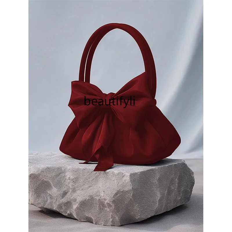 Red Bridal Bag Ladies New Trendy Advanced Texture Niche French Style Bow Pleated Portable Wedding Bag