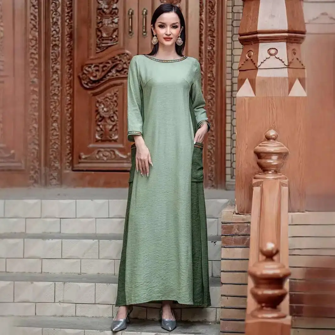 

K5191 Women's Pocket Long Sleeve Dress Comfortable Breathable Sweat-absorbing Casual Color-block Long Dress Islam Elegant