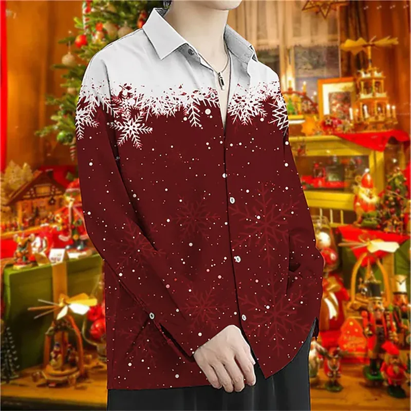 2024 Men's Shirt Party Style Christmas Deer 3D Printed Shirt Long Sleeve Button Lapel Top Men New Year Christmas Party S-6XL