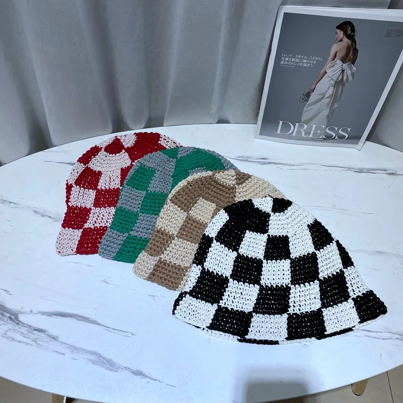 Women Knitted Lattice Fisherman Hat Handmade Crochet Color Matching Basin Hat Spring and Autumn Knitted Sunscreen Sun Hat