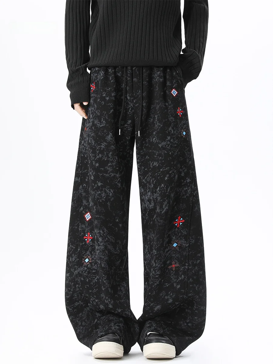 

Men's Casual Loose Leggings Thiened Fce Knife Sweatpants Embroidered Dyed Casual Wide Leg Long Trousers