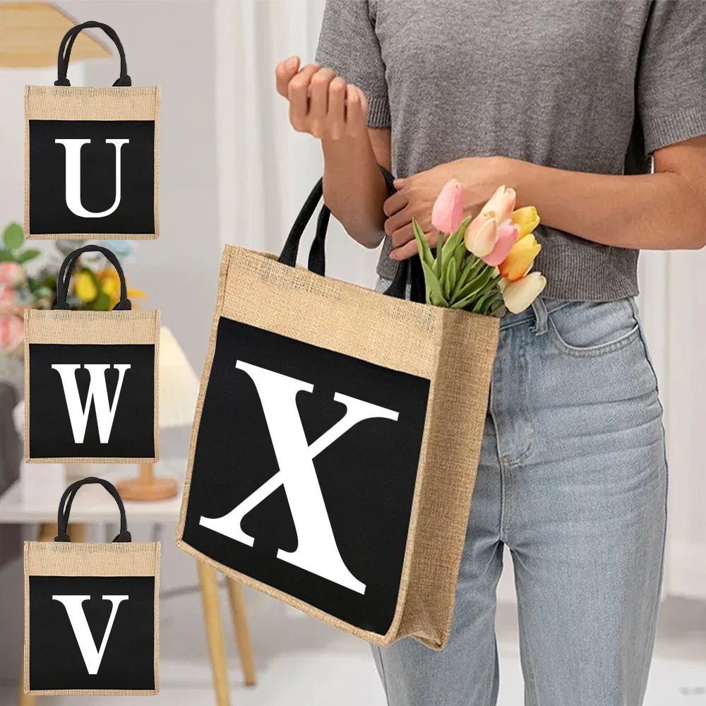 Reusable Linen Shopping Bag Women's Tote Grocery Shopping Bag White Letter Pattern Print Convenient Picnic Bag Supermarket