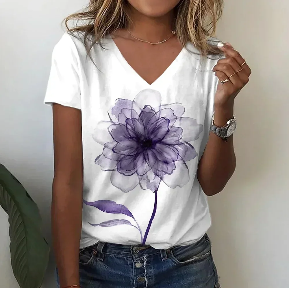 

Summer Women Short Sleeve V-neck Loose T Shirt for Women White Fashion Ladies T-shirt 3d Centered Flowe Print Top Casual Clothes