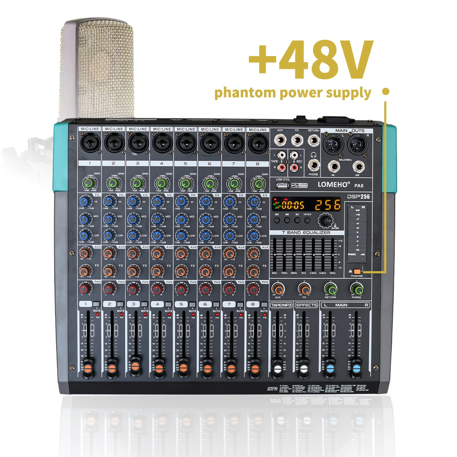 Lomeho 8 Mono Channels Sound Mixer 256 DSP Effects Bluetooth Mixing Console 7 Band EQ 48V 8 Way USB Aux Audio Table for Show PA8