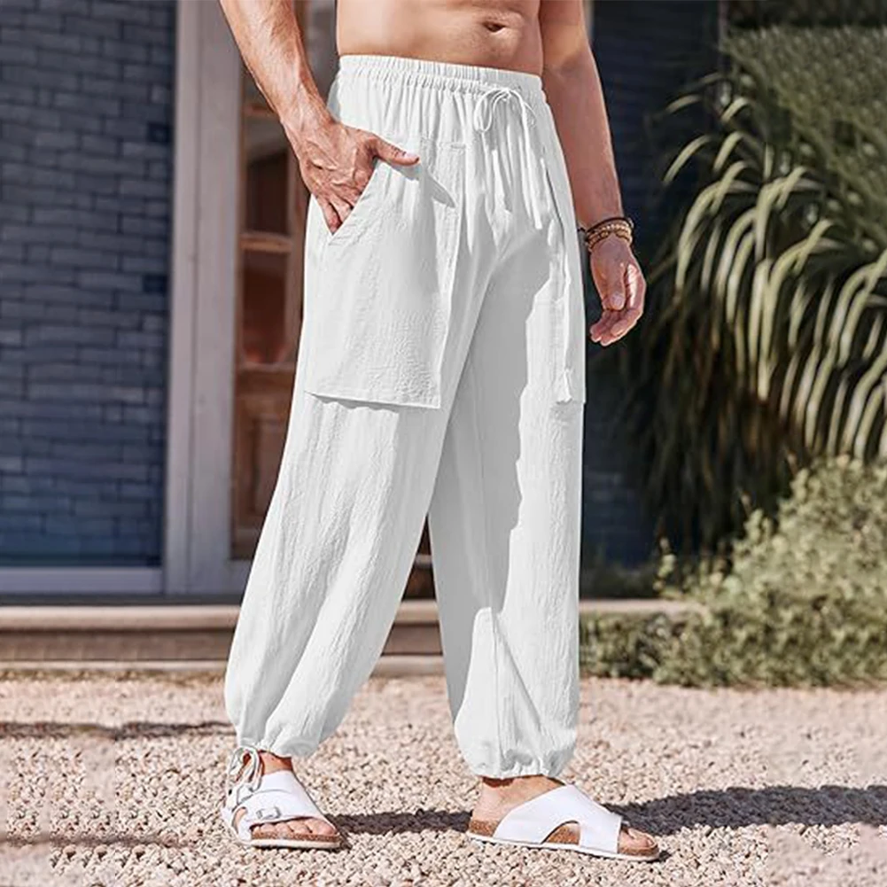 

New Men Drawstring Cotton Linen Loose Pants Sport Gym Yoga Elasticated Baggy Streetwear Trousers Casual Workwear Men's Leggings