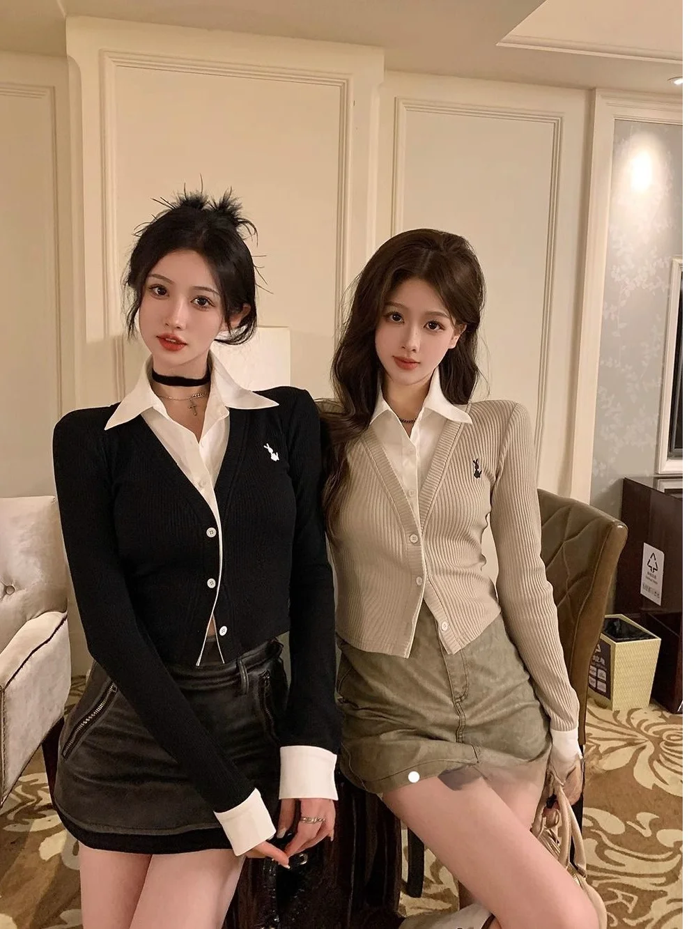  Collar Embroidered Long Sve Knitted Open Cardigan Women's Slim Fit ort Sle Fake Two-Piece Top Ci Walk Commute S...