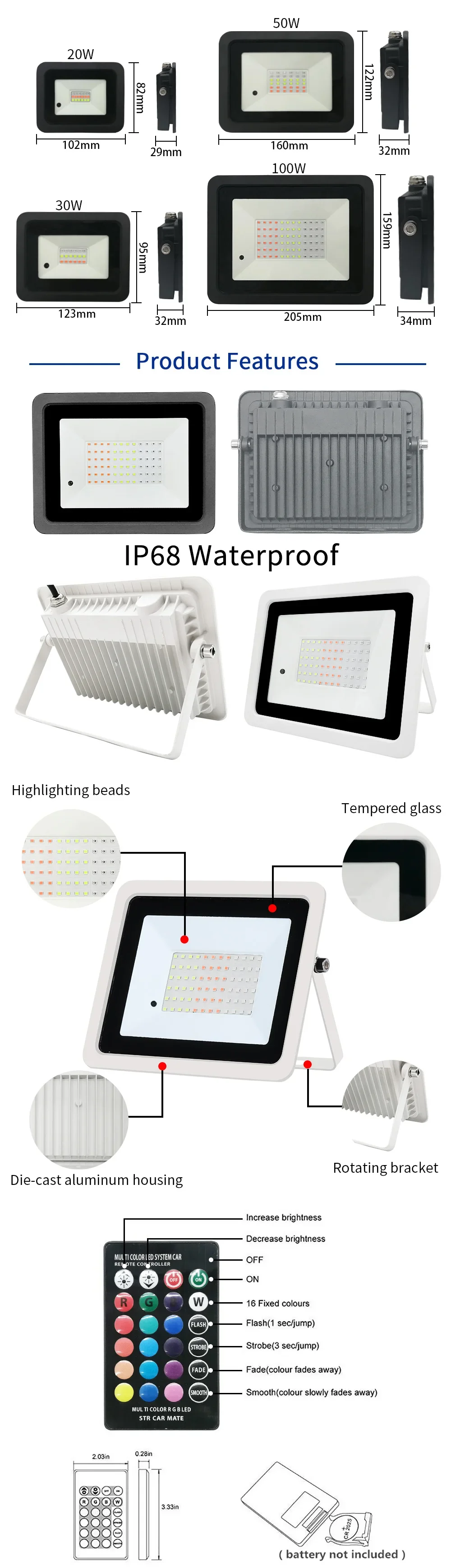 Led RGB Flood Light 20W 30W 50W 100W IP68 Outdoor Floodlight Spotlight AC 220V/110V Reflector Projector Lamp Garden RGB Lighting
