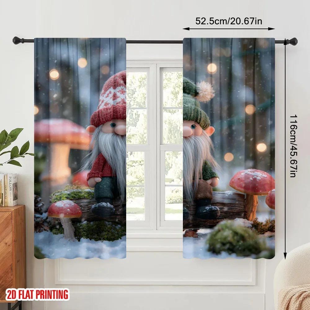2pcs,2D plane printing Creative Curtains Merry Christmas Red and green hats_ snow scene Polyester Woven (without rod)