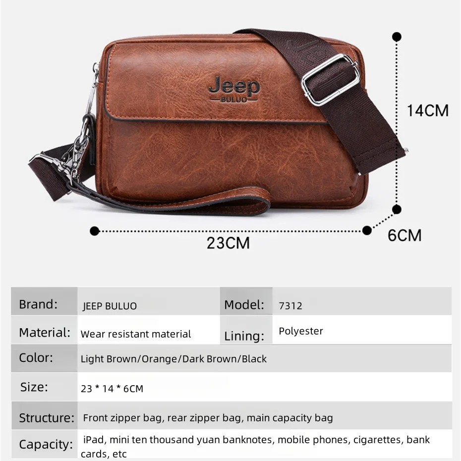 JEEP BULUO Brand Small Men Bags High Quality Leather Shoulder Crossbody Totes Clutch Handbags Business Brown Black Fashion New