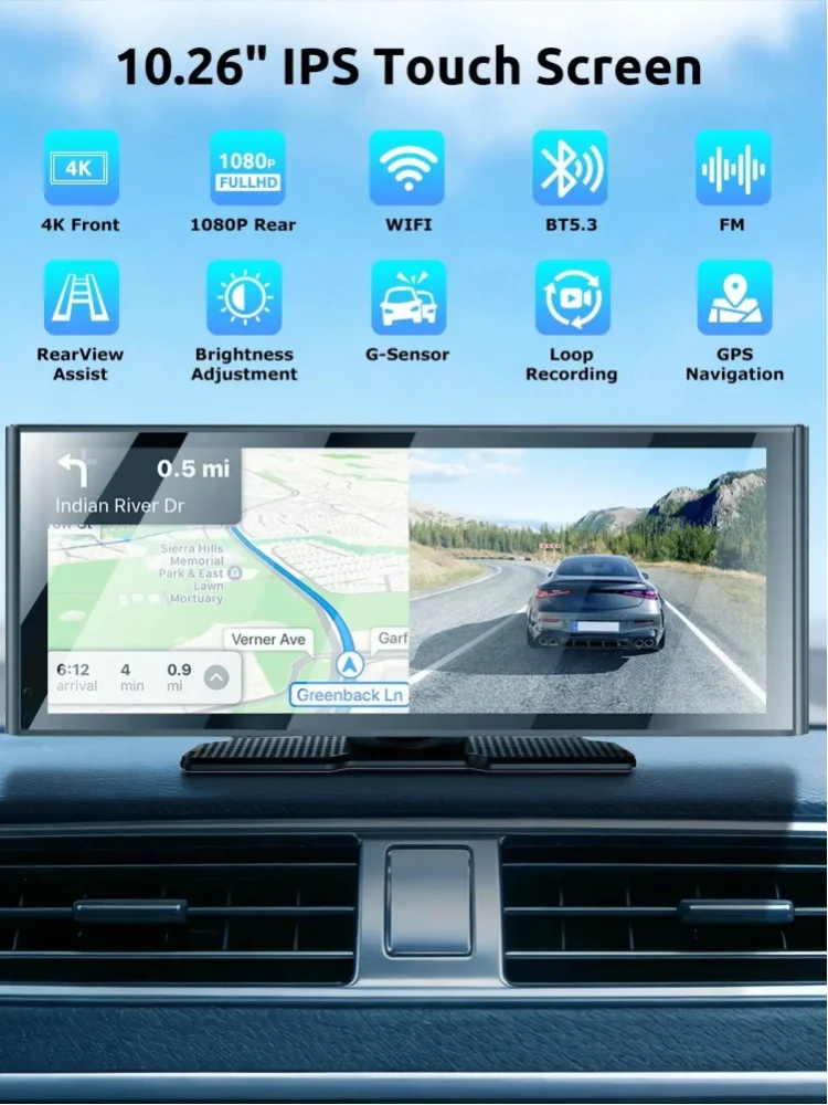 ESSGOO Tragbare 10,26" 4K+1080P Dashcam Kabelloses CarPlay Android Auto Armaturenbrett Auto-DVR Videoaufzeichnung Nachtsicht BT AUX FM Typ C
