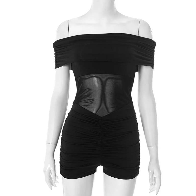도이어 쉬어 메쉬 패치워크 바디콘 플레이수트 여성 의류 오프숄더 슬래시 넥 루치드 블랙 롬퍼 원피스 점프수트