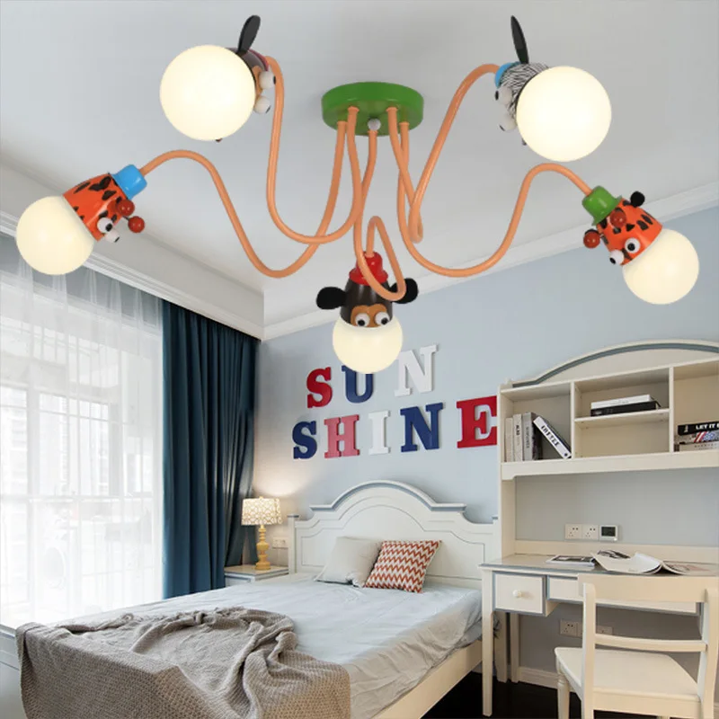 Creative Cartoon Ceiling Chandelier Lamp Animal Monkey Tiger Color Pendant Lights Boy Room Children\'s Room Bedroom Room Decor