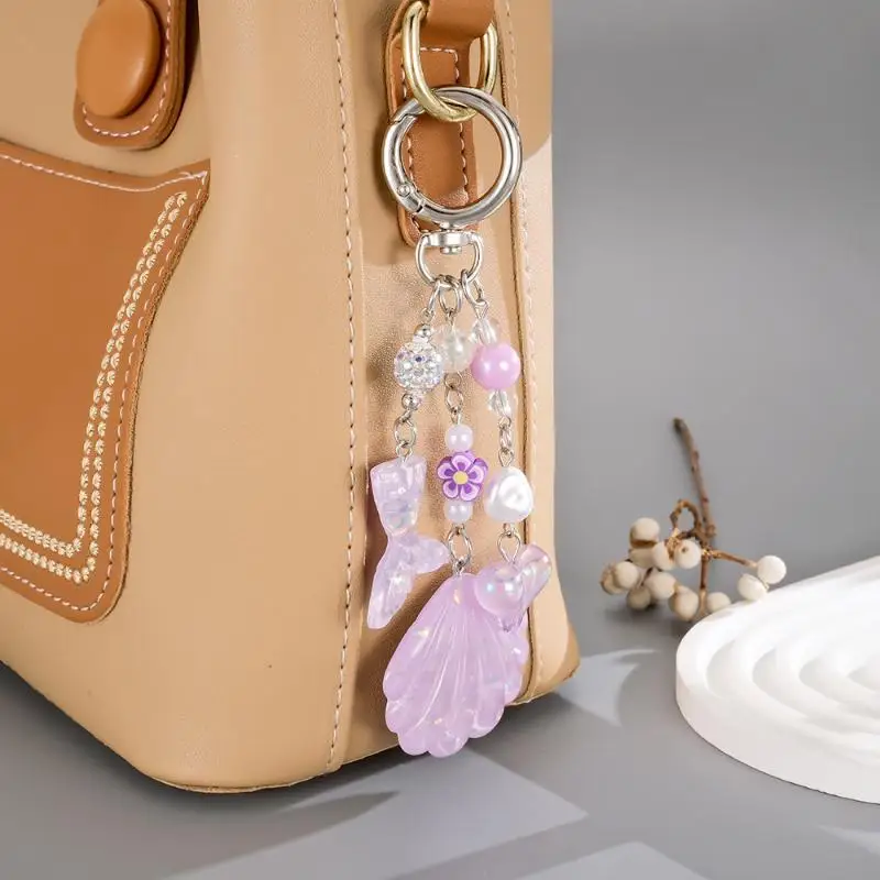 Niedlicher Meerjungfrauenflossen-Muschel-Schlüsselanhänger mit Glitzer-Pailletten und Perlenanhänger, zierlicher Rucksack- und Handtaschenanhänger für Damen zur täglichen Dekoration. – Detail 4