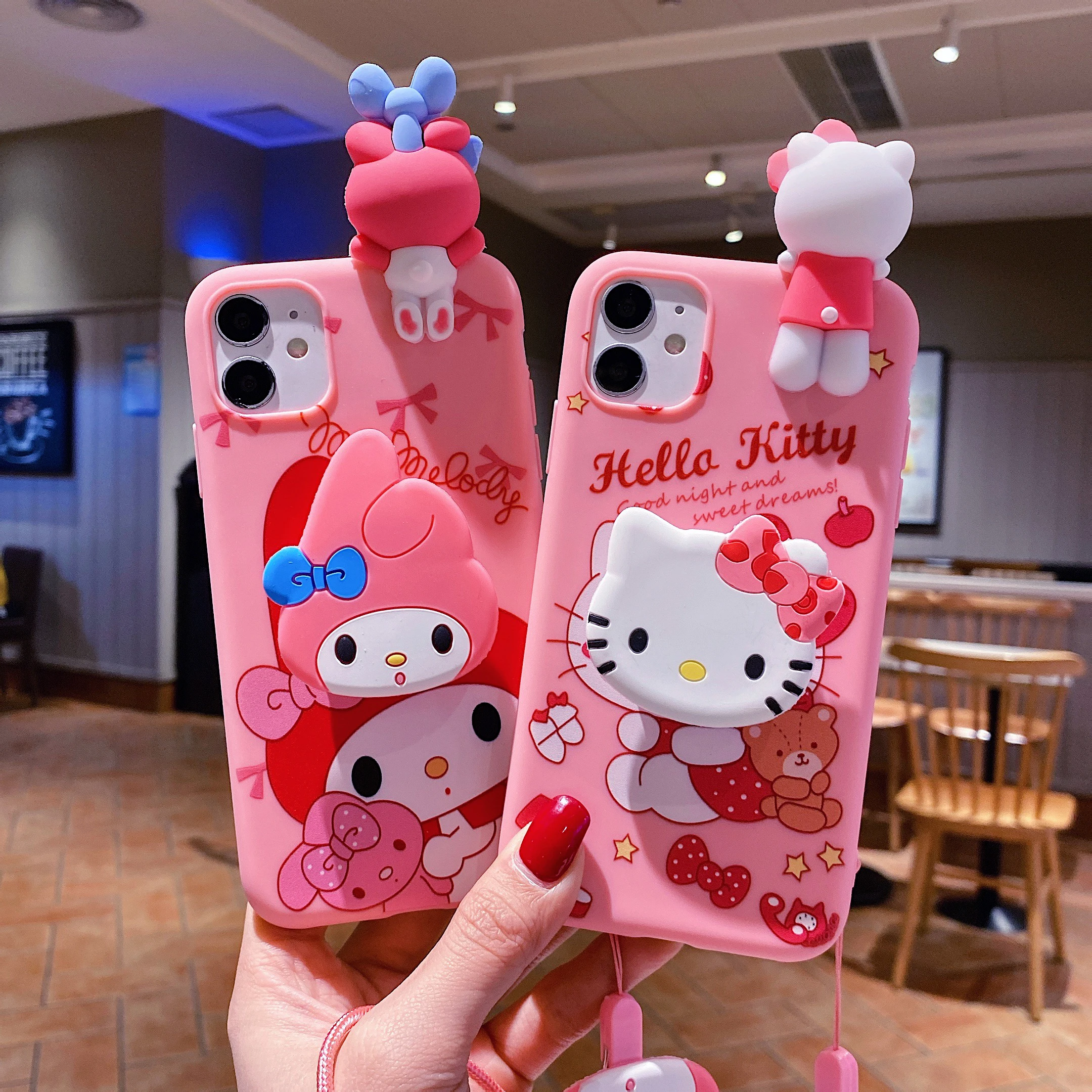 For iPhone 17 16 16e 15 14 13 12 11 Pro Max Air XR X XS Max 6 6S 7 8 Plus SE 3D Cartoon Sanrio Kitty Melody Holder Lanyard Case