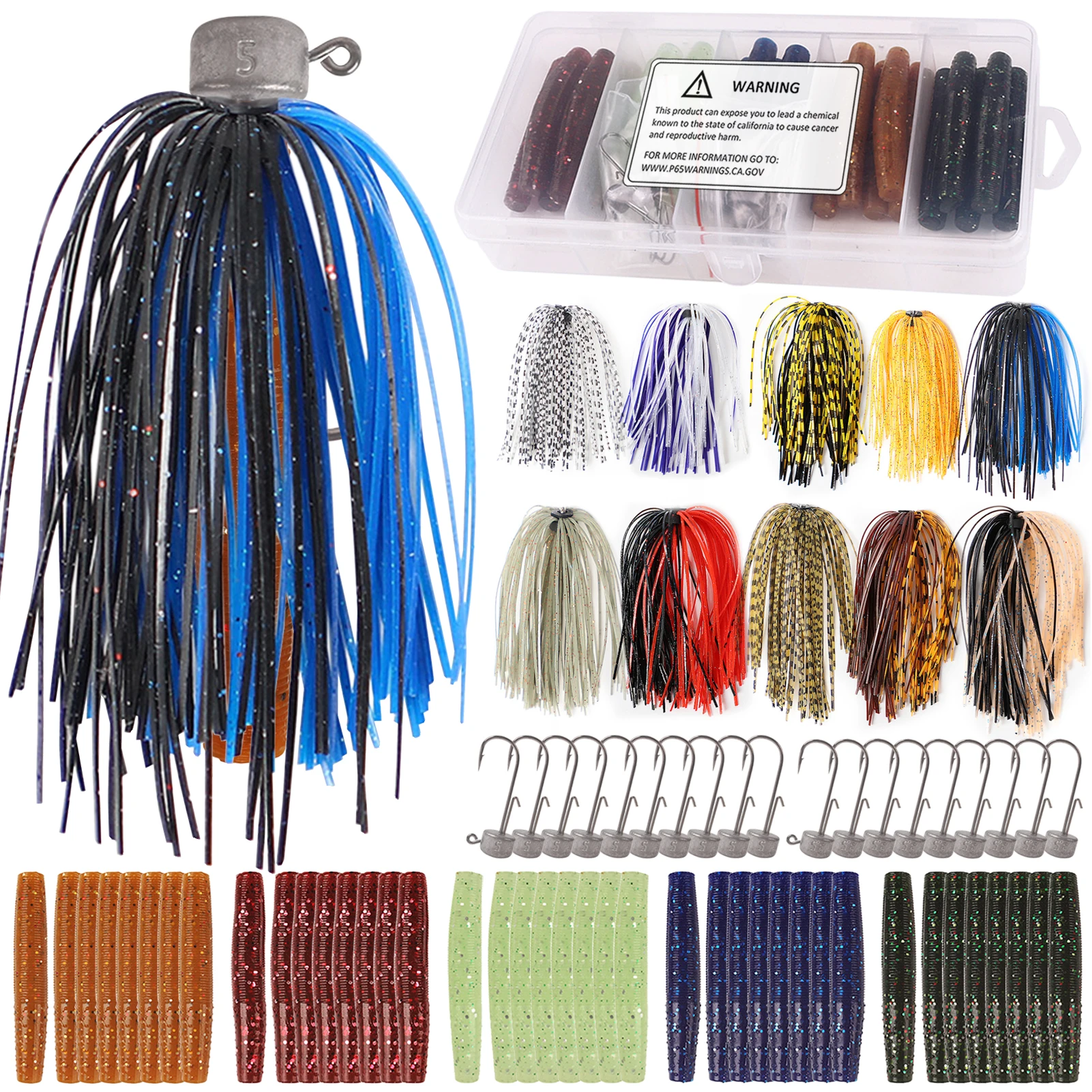 71pcs Fishing Soft Worms Lures with Ned Rigs Mushroom Jig Head Fishing Finesse Shroom Soft Stickbaits Bass Fishing Tackle Box