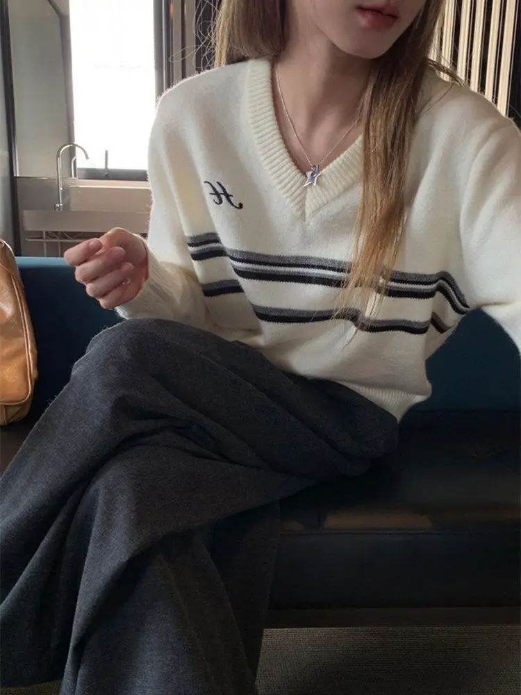 Sweater Loose Fashion Lazy Style Retro Stripe V-Neck Long Sleeve Knitted Shirt Women'S Ins Trend Autumn Winter