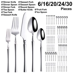 6/16/20/24/30Pcs Stainless Steel 304 Tableware Sliverware Western Knife Fork Spoon Set Mirror Cutlery Set Dishwasher Safety