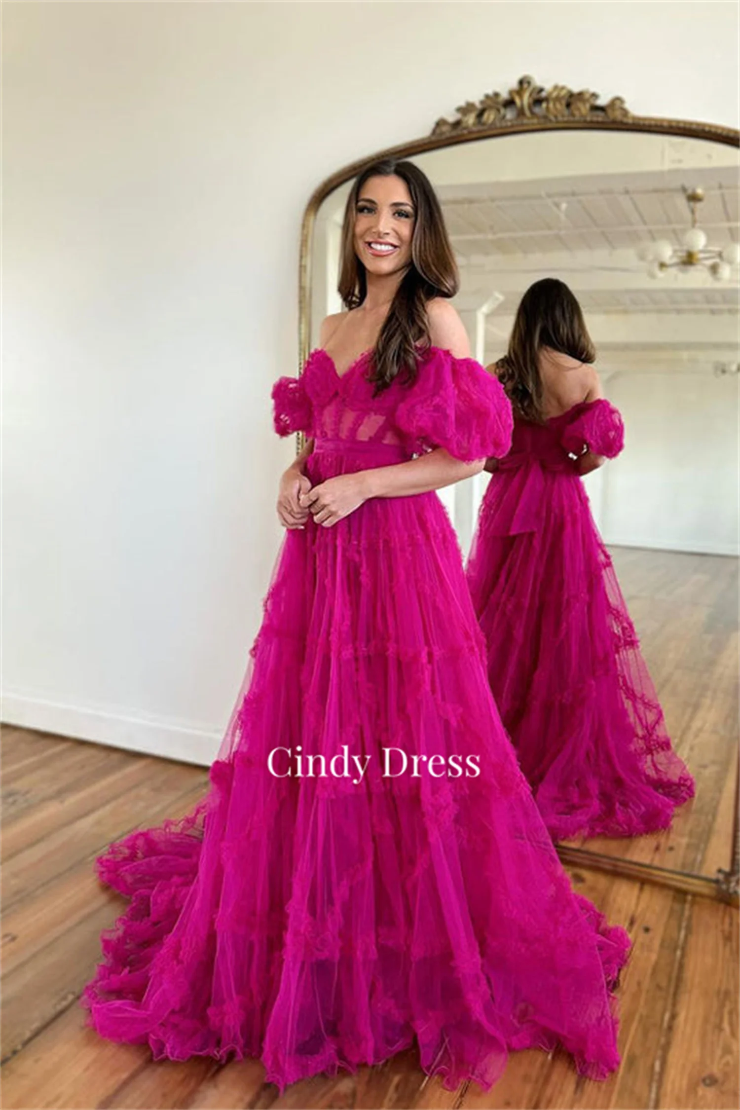 Cindy Puff Sleeves Rose Red Sweetheart Long Tail Robe Soiree De Luxe 2024 International Dresses Ball Gowns Formal Dress Evening