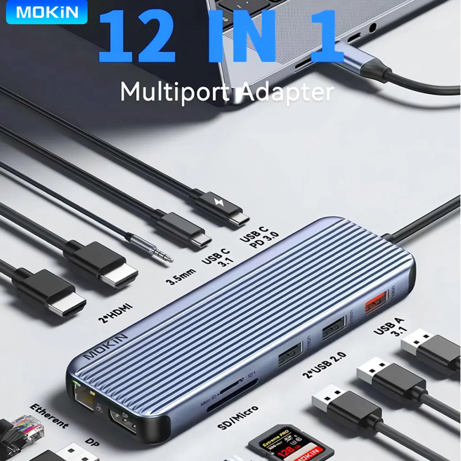 

MOKiN 12 in 1 USB Hub Adapter Docking Station for MacBook Pro Air Dual 8K HDMI DP 10Gbps USB3.1 RJ45 PD100W SD/TF Card Reader