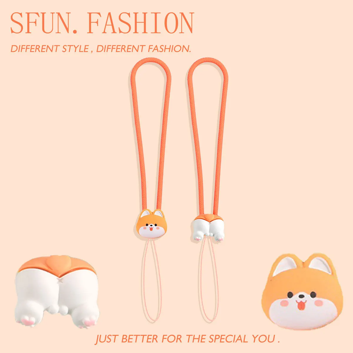 Silicone Short Rope Cute Dog CCD Camera Key Pendant Phone Wrist Strap U Disk Earbuds Orange