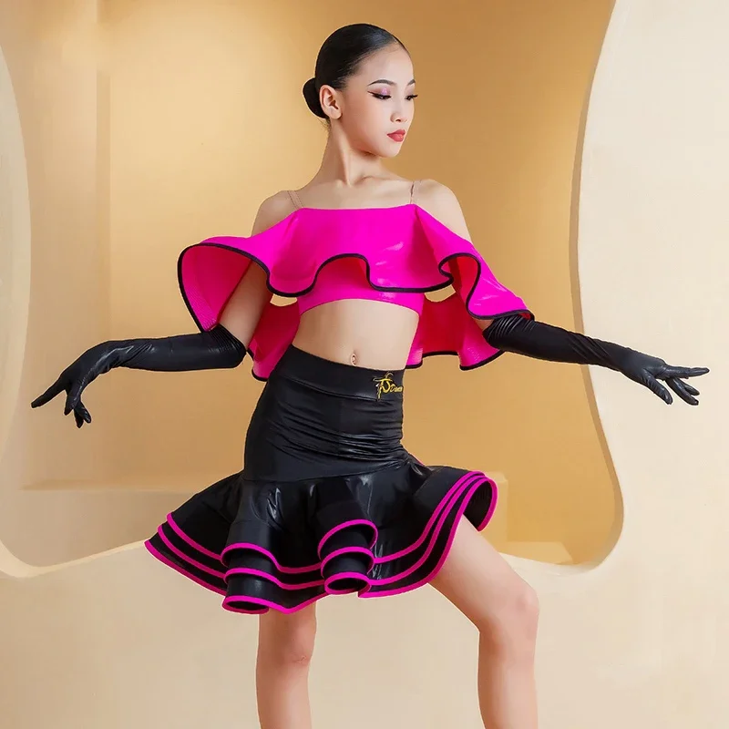 Trajes de baile latino para niñas, falda de cuero con volantes, ropa profesional de baile latino Samba Chacha, novedad de 2025