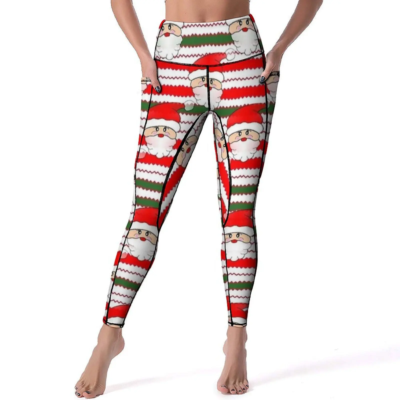 Calças de yoga de malha papai noel bolsos leggings de natal sexy cintura alta elegante yoga esporte legging elástico personalizado ginásio leggins