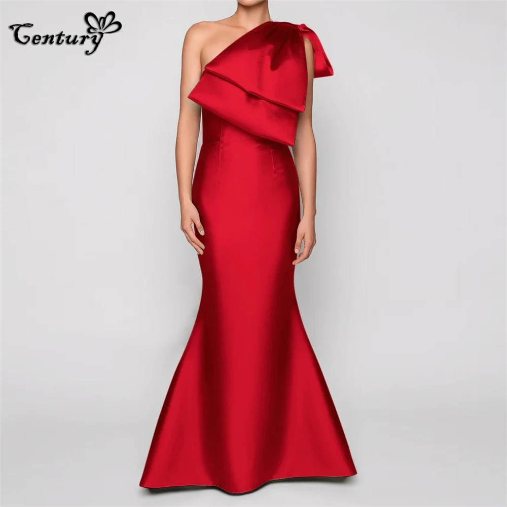 

One Shoulder Red Prom Dress Mermaid 2023 Big Bow Sweep Train Satin Evening Party Gowns Formal Dresses for Women Robe De Soiree