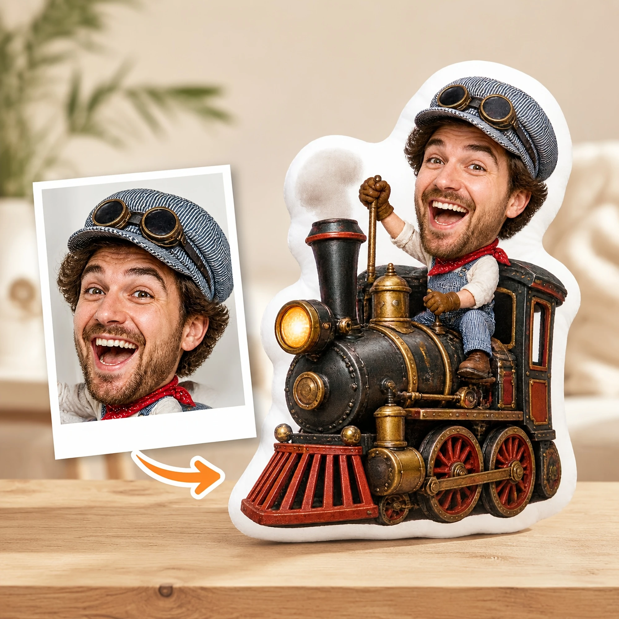 1pc Custom Double Sided Printed Novelty Train Shaped Decorative Throw Pillow, Fun Steam Locomotive Design for Sofa, Bed, Travel,