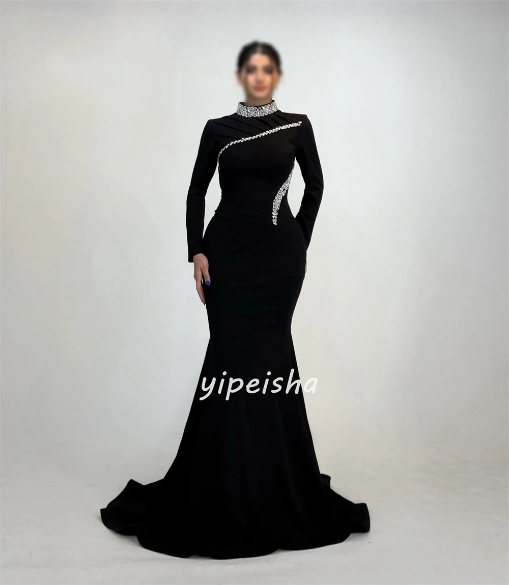 Personalizado elegante formal jérsei strass plissado sereia gola alta vestidos longos sob medida vestidos de ocasião tamanhos disponíveis sexy
