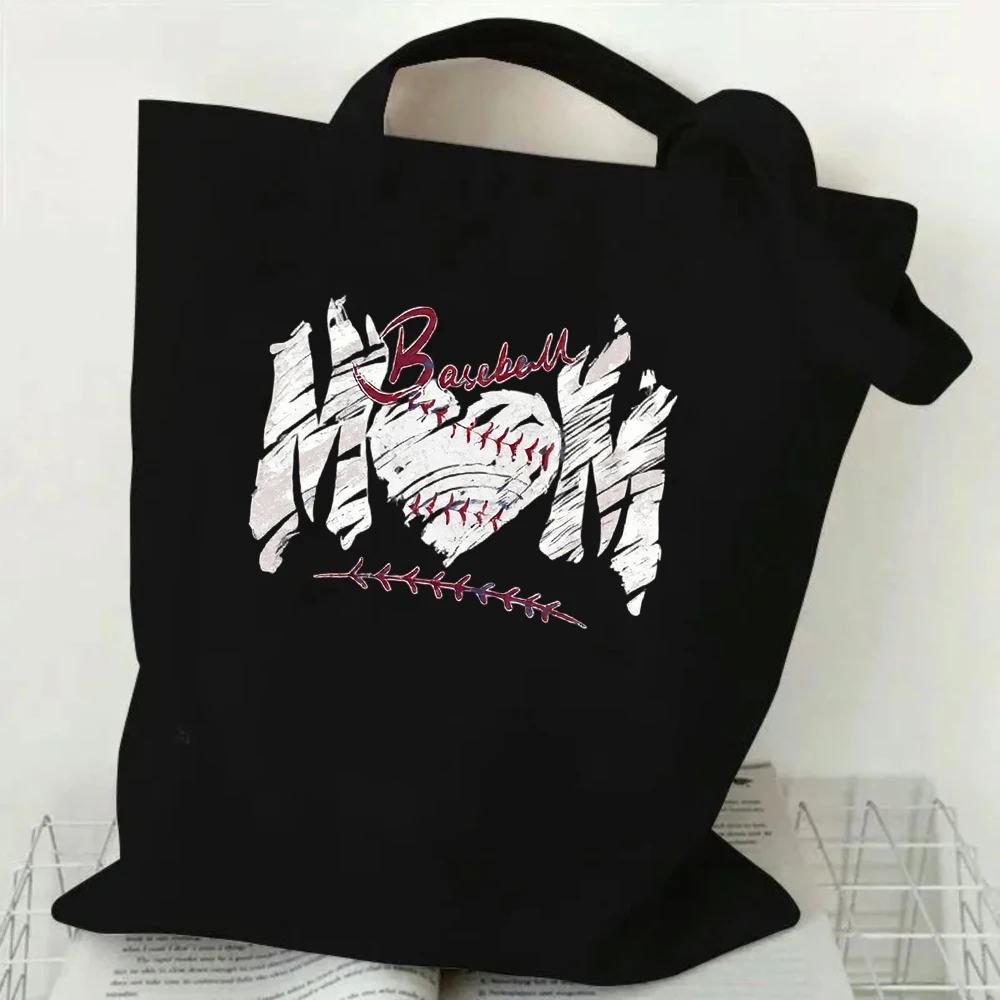 

Stylish Baseball Mom Canvas Tote Bag with Leopard Print 'MOM' and Baseball Bow Graphic Print Reusable Gift
