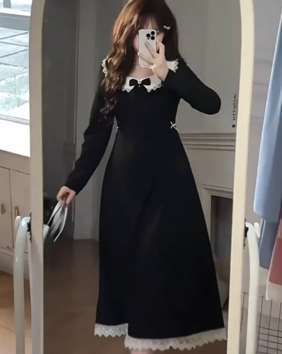 Robe noire à col ras du cou pour femme, grande taille, tempérament français, élégante, taille haute, ligne a, polyvalente, mode, manches longues, automne