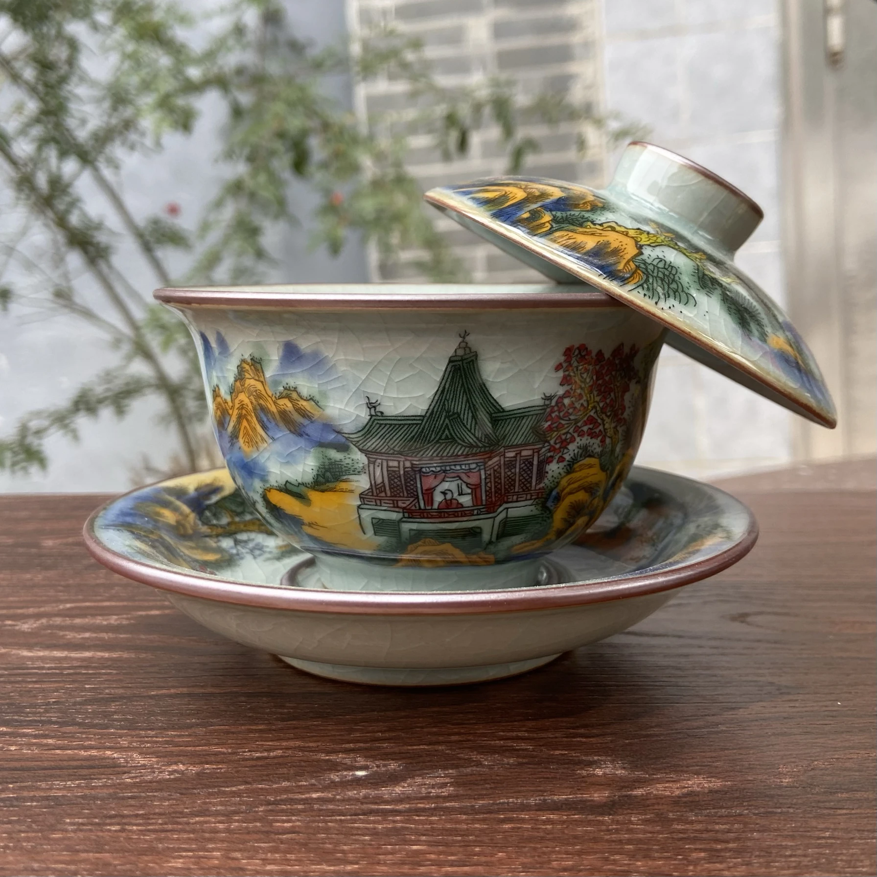 Handmade Hover Landscape Open Piece Old Clay Three Cai Cover Bowl Tea Cup Ceramic Kung Fu Set with Lid Large