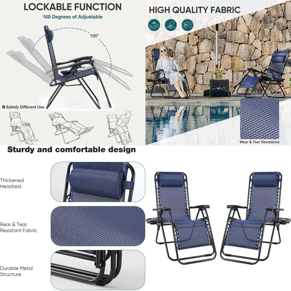 

Portable Zero Gravity Reclining Chairs Set, Folding Adjustable Lounge Chairs with Cup Holders for Outdoor, Pool, Beach - Blue