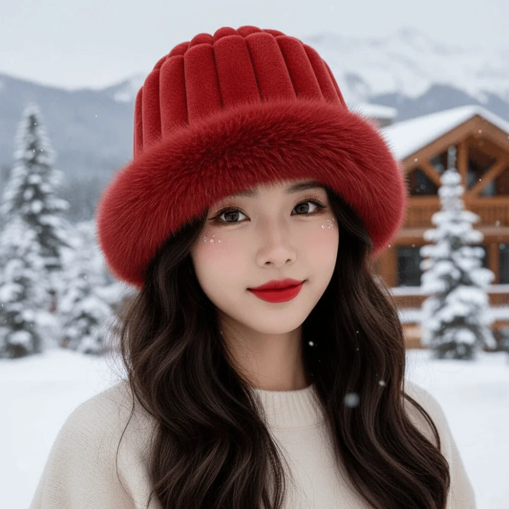 Vertical Texture Striped Fur Hat Fleece Lining Faux Fur Brim Puffy Bucket Cap Solid Color Windproof Fluffy Winter Bonnet Women