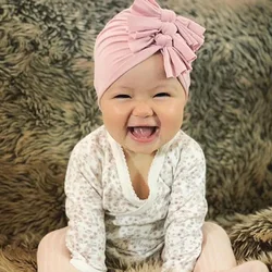 Cute 1PCS Folds Knotted Bow Indian Baby Knitted Hat Newborn Infant Kids Boy Girl Turban Flower Beanie Caps Headwear Photo Props