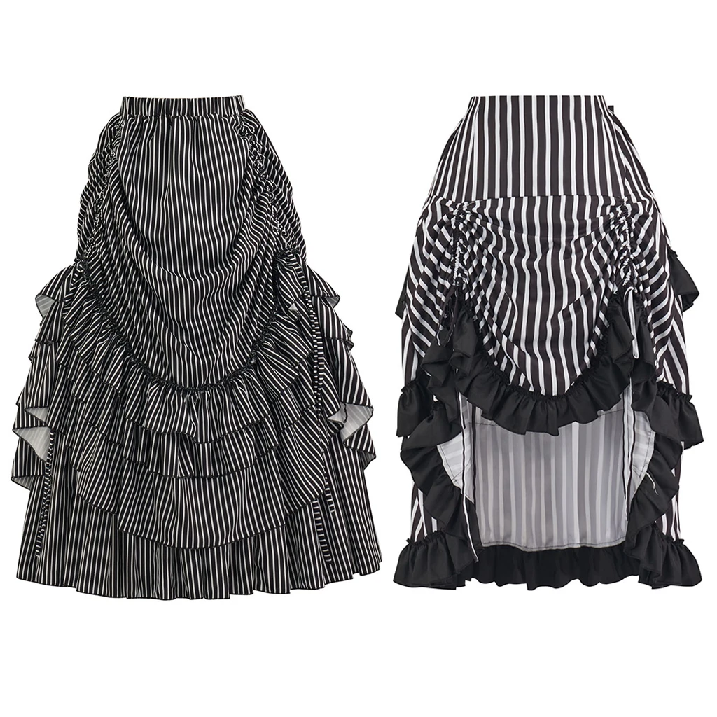 Steampunk Women Gothic Skirts Irregular Shirring Maxi Long Skirt Vertical Stripes High Low Costumes Renaissance Ruffles Skirts