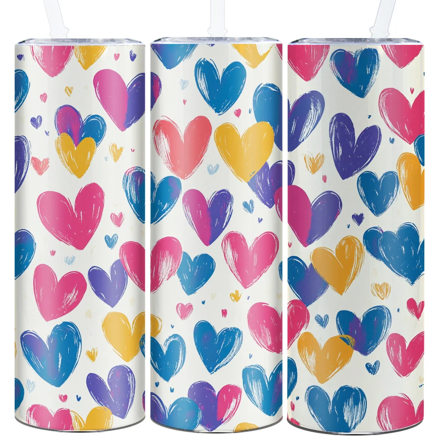 3D Print Colorful Hand Drawn Hearts Tumbler 1Pc 20oz Skinny Straight Party Water Bottle Family Outdoor Travel Vacuum Tumblers